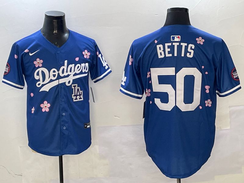 Men Los Angeles Dodgers 50 Betts Blue Sakura Edition 2025 Nike MLB Jersey style 1